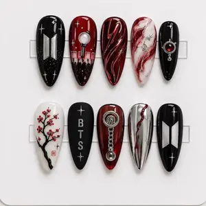 Black Red Kpop Press On Nails, Idol Inspired Chrome Nail Set, Concert Style Nails, Dark Aura Almond Nails, Galaxy Cherry Blossom Handmade Nail Art