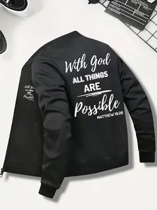 New vintage "God seems to be possible" pattern letter print design quote loose casual stand-up collar long sleeve Fitted sweatshirt jacket men's fashion simple and versatile zip jacket menswear
