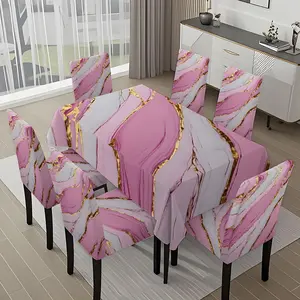 5/7-piece 2D Flat Printing Pink, White, and Gold Marble Pattern Printing Pattern Tablecloth and Chair Cover Set, for dining table and chair decoration, perfect for home, holiday gatherings, restaurants, and parties.