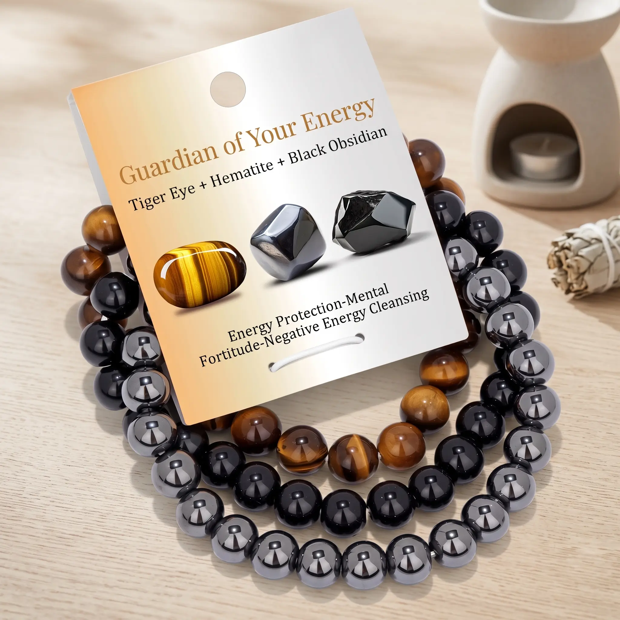 Guardian of Your Energy Triple Crystal Bracelet – 8 mm Natural Tiger Eye, Hematite & Black Obsidian Beaded Bracelet for Men Women Energy Protection, Negative Energy Cleansing, Stress Relief Healing Jewelry Gift for Daily Wear, Meditation Spiritual Healing
