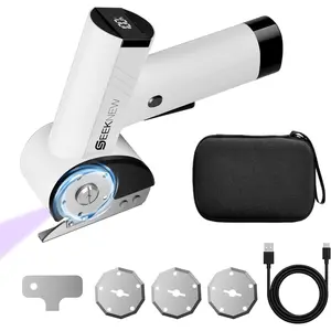 Cordless Electric Scissors with LED Display, 4-Speed Adjustment Power Box Cutter for Cardboard Recycling, 4 Blades & Front Light, USB-C Rechargeable Scissors for Plastic Leather, White