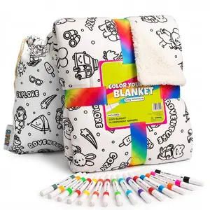 Kids Coloring Sherpa Blanket Kit - Travel Animals Design, Fabric Markers & Tote Bag Included| Birthday Gift