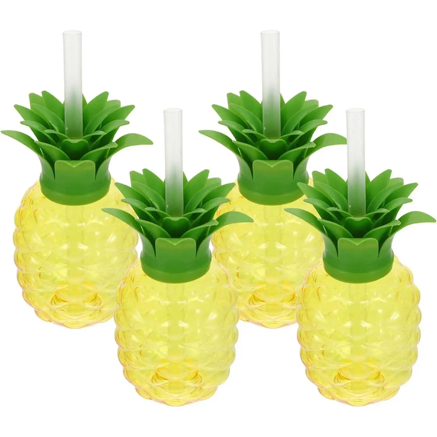4PC BPA-Free Rotatable Plastic Glam Tropical Pineapple Tumbler Cups with Straws, Close Lids, for Kids’ Hawaiian Party, Tiki Bar Kitchen Drinkware Decor