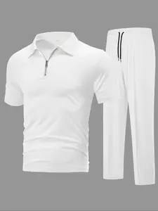 Men's Casual Summer Polo Shirt Set, Zipper Collar Short Sleeve Top & Sports Pants, Fitted Polyester Fabric, 2 Piece，#TikTokShopBlackFriday ，#TikTokShopCyberMonday ，#Men's Clothing ，#Men Short Sets Outfits