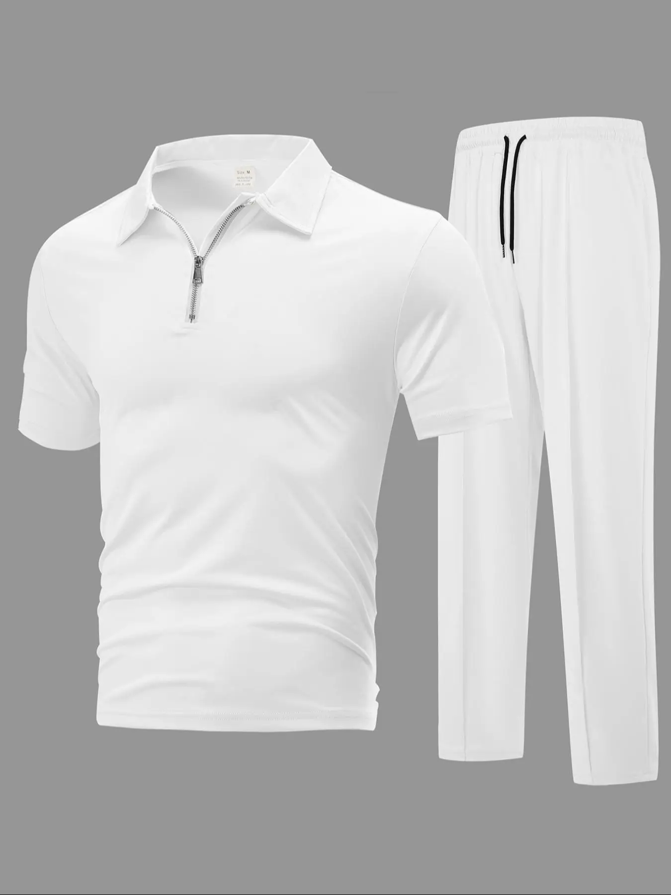 Men's Casual Summer Polo Shirt Set, Zipper Collar Short Sleeve Top & Sports Pants, Fitted Polyester Fabric, 2 Piece