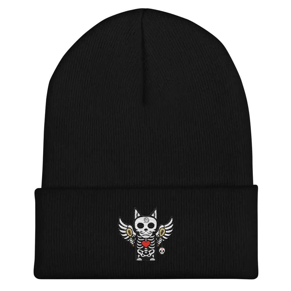 Northy Creative El Gato Embroidered Beanie Día de los Muertos Design 100% Turbo Acrylic Unisex Hypoallergenic 12" Length Artwear for Art Lovers