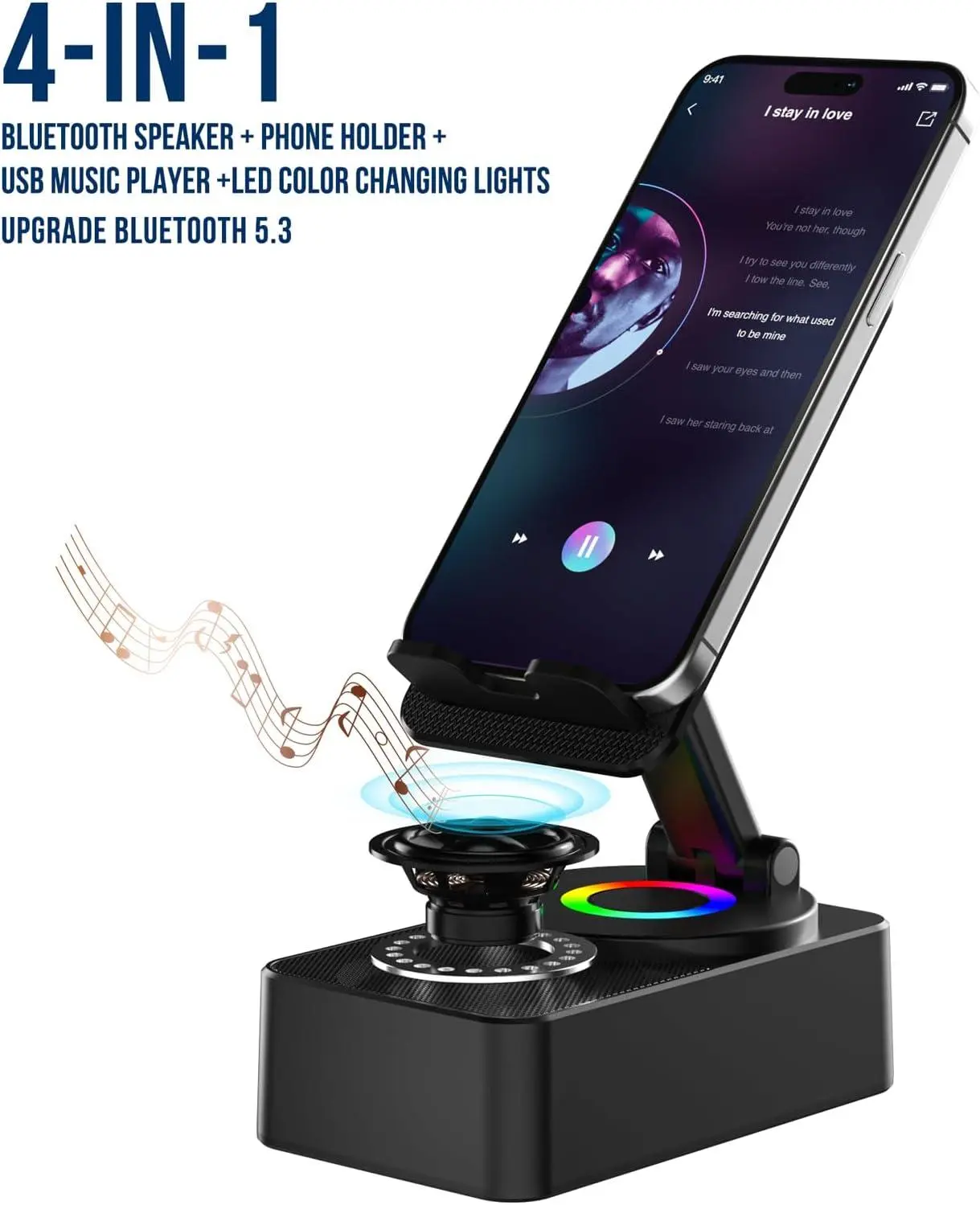 Cell Phone Stand with Bluetooth Speaker & LED Light, Foldable Adjustable Phone Holder with HD Surround Sound, Anti-Slip Desktop Stand for iPhone, iPad & Android voijump