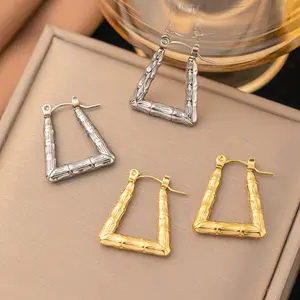 Retro autumn and winter bamboo texture earrings niche design temperament geometric U-shaped square stainless steel earrings