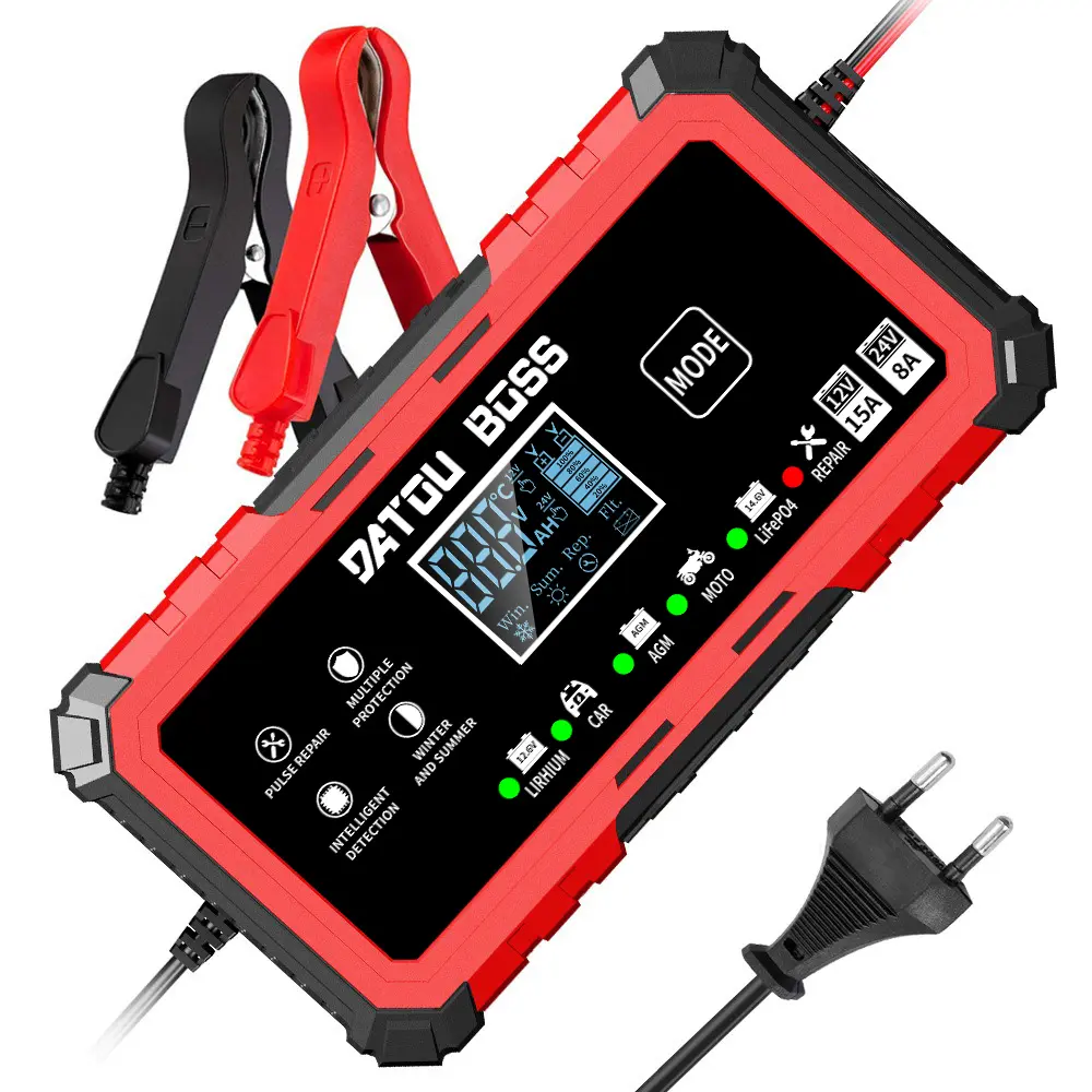 DATOU BOSS Smart Car Battery Charger with Dual Voltage Options (12V 15A, 24V 8A) - Automatic Pulse Repair, Trickle Charging for Trucks, Efficient Maintenance of Lead Acid & Lithium Batteries