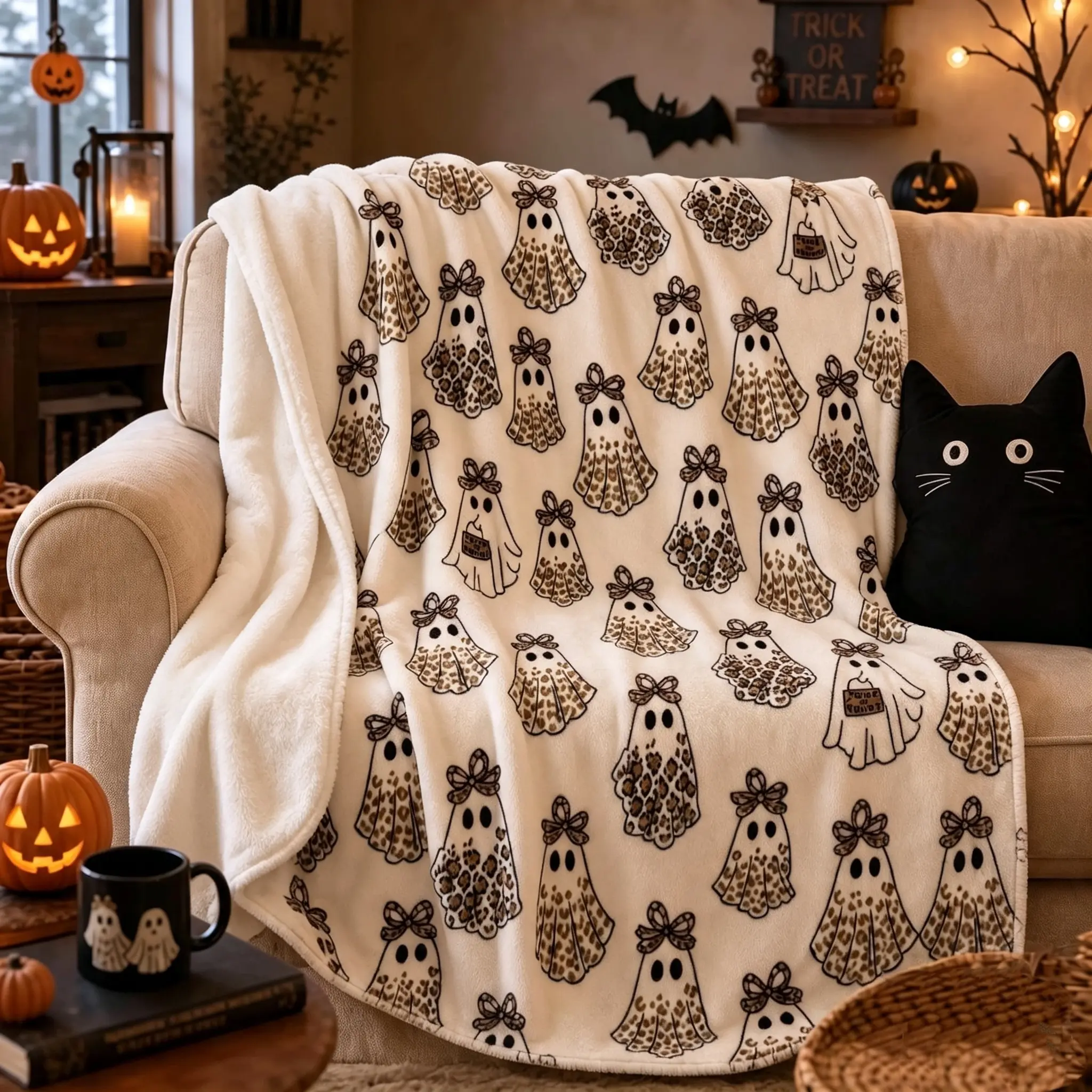 Halloween Ghost Blanket Ultra Plush Patriotism Memorial Day Star Spangles Themed Sublimation Print High-Density Fleece Throw Blanket - Cozy Style, Lightweight, Suitable for Home/Indoor Beds, Sofas and Camping/Outdoor Use