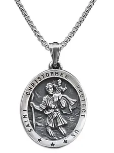 Stainless Steel Cross Saint Christopher Necklace, Trendy Religious Protection Jewelry, Versatile for Party & Daily Outfit, Meaningful Blessing Gift for Loved Ones