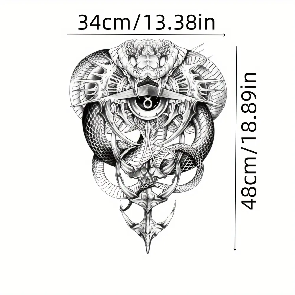 A Large COBRA Temporary Back Tattoo Sticker with Totem Design, Waterproof and Long-Lasting Herbal Semi-Permanent Body Art, Suitable for Both Men and Women