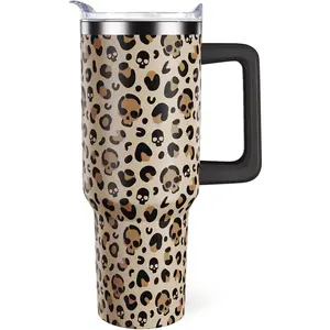 Skull Tumbler 40oz Spooky Skeleton Tumblers with Lid and Straw Leopard Cup Goth Gothic Gifts for Women Skull Stuff Gift for Men Halloween Beverage mens gifts