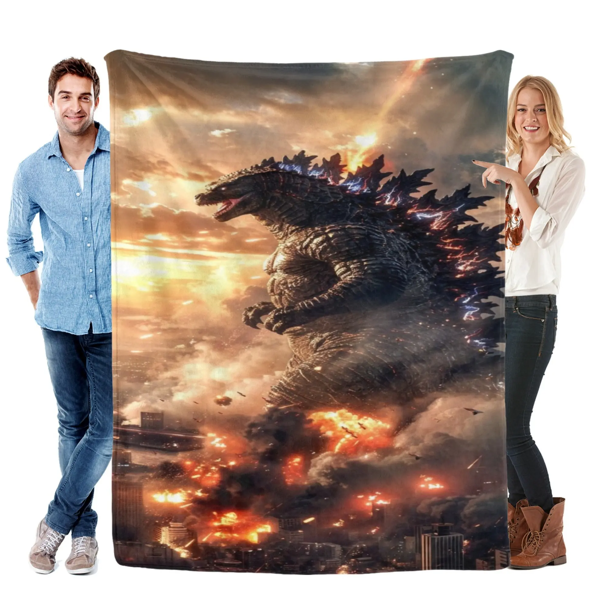 Godzilla Giant Monster Urban Battle Flannel Blanket, Dramatic City Explosion Sunset Scene Graphic Soft Cooling Throw for Bedroom Camping, Sci-Fi Monster Decor, Ideal Xmas Birthday Gift for Men Boys & Kaiju Movie Lovers