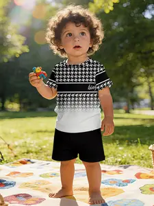 Light luxury retro style houndstooth and gradient houndstooth printed infant short-sleeve set, casual children's clothing for babies, T-shirt suitable for daily and outdoor sports, 100% polyester, perfect gift for infants!