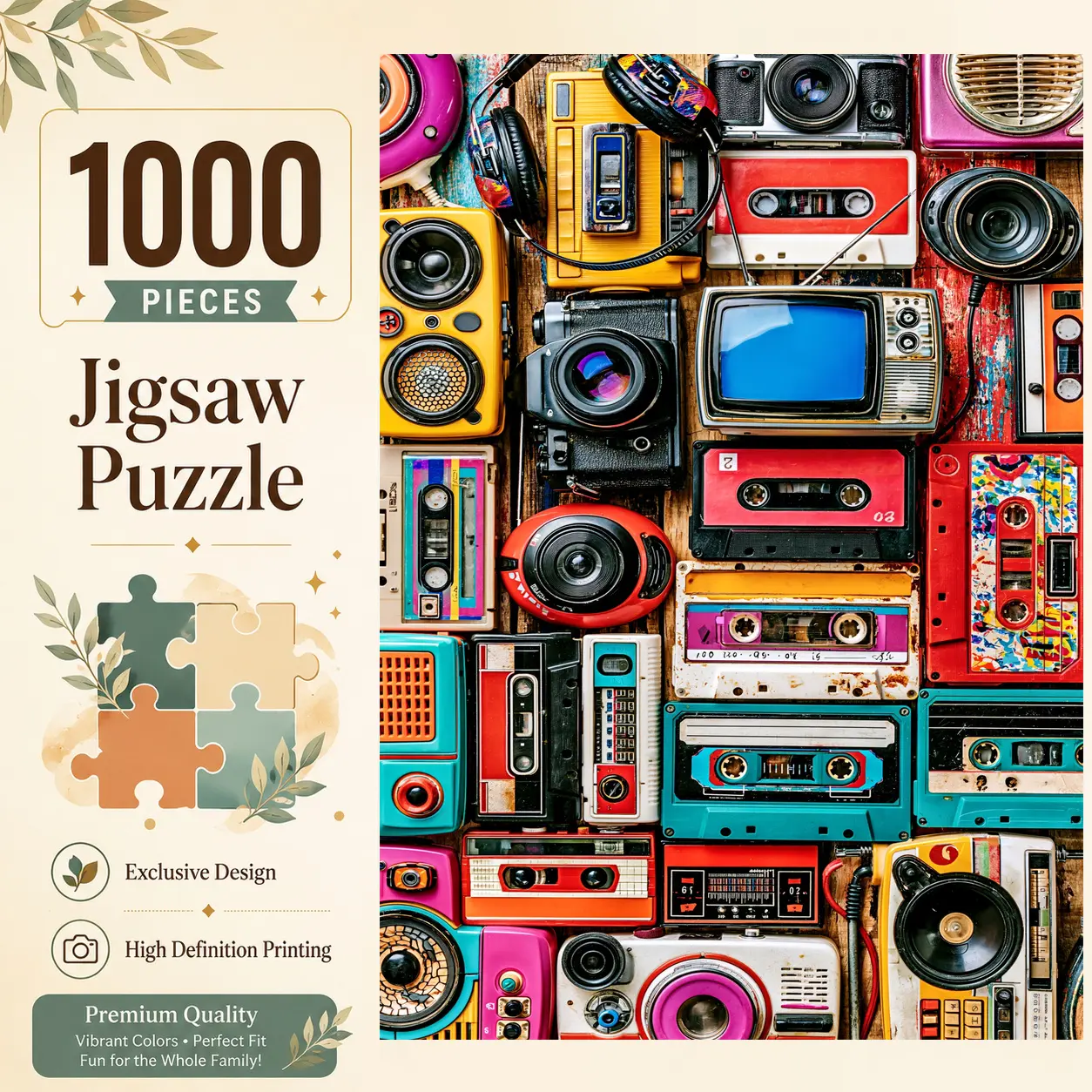 Colorful Retro Cameras and Cassette Tapes 1000 Pieces Jigsaw Puzzle for Adults, Challenging Family Game for Stress Relief Relaxation and Brain Exercise, Vintage Electronics Wall Decor Gift for Collectors and Seniors, 19.7x27.6inch(50x70cm)