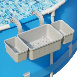 [Patented] Poolside Storage Basket with 2 Cup Holders, Stretchable Above Ground Pool Accessories Organizer, Multifunctional Poolside Holder for Most Frame Pool Accessories (1Pack)