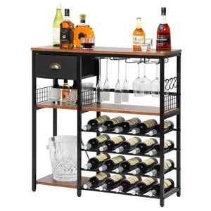 Freestanding Floor Wood Wine Bar Rack Cabinet, Morden 5-Tier Wine Storage Shelf with Countertop, Coffee Bar with 20-Bottle Stackable Wine Glass Holder for Home Bar Kitchen Dining Room, Large