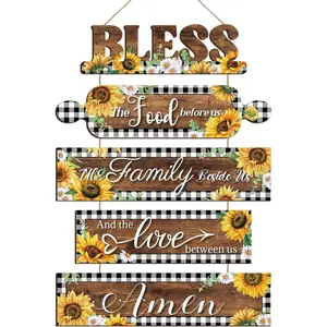 Sunflower Kitchen Wall Decor Bless The  Before  Sign Farmhouse Wooden Signs Rustic Dining Room Wall Art Country  Hanging Decoration for Home Kitchen Room(Plaid Style)