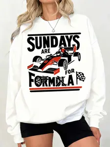 Women's "Sundays Are For Formula" F1 Graphic Crewneck Sweatshirt -Oversized Sweatshirt with Racing Car & Checkered Flag Print - Trendy Casual Wear for F1 Fans, Sunday Race Gatherings & Sports-Themed Outfits - Perfect for Those Who Love Motorsport Fashion