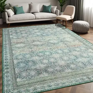 6'x9' Washable Retro Area Rug,  Distressed Non Slip Carpet for Living Room, Bedroom, Dining Room, Kitchen,Laundry Office, Indoor, Thin Throw Floral Floor Low Pile, Red, Blue, Yellow, Green, Beige, Brown, 5x8, 6x9 Feet