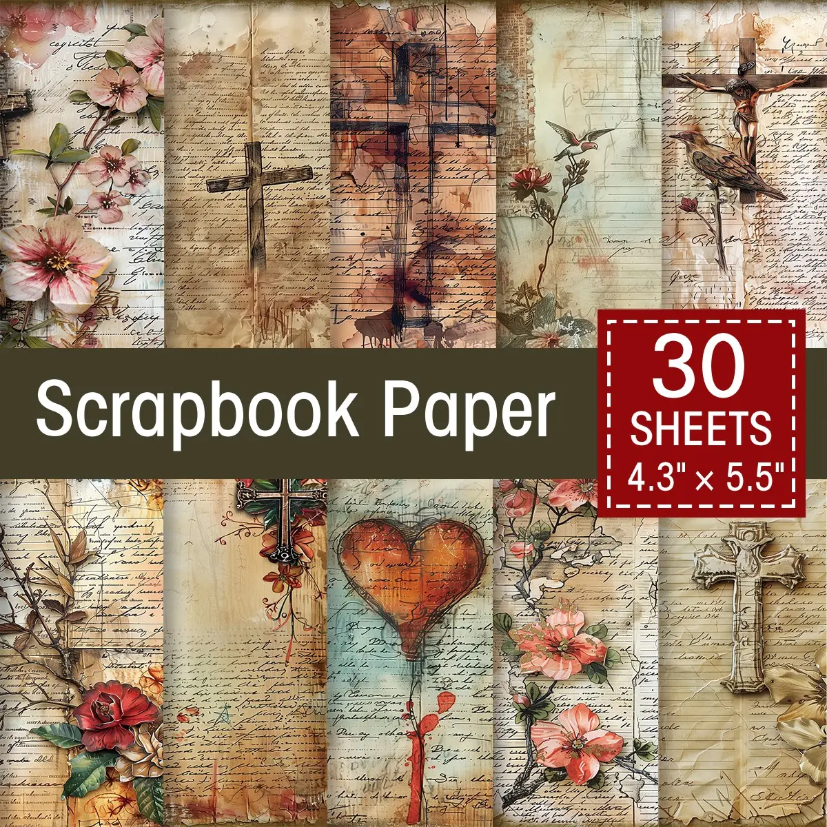 30 Vintage Bible Faith Scrapbook Papers, Christian Easter Decorative Paper, Cross Floral Patterns, Diary Decoration Religious Gifts, Religious Significance, Unique Patterns, Scrapbook Materials