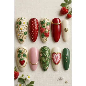 Strawberry Garden Press On: 3D Fruit Red White Nails, Luxury Gold Vibe