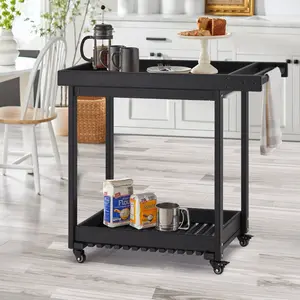 Black HDPE Rolling Kitchen Cart - 2-Tier Island Design with Storage & Handle, Kitchen Cart on Wheels