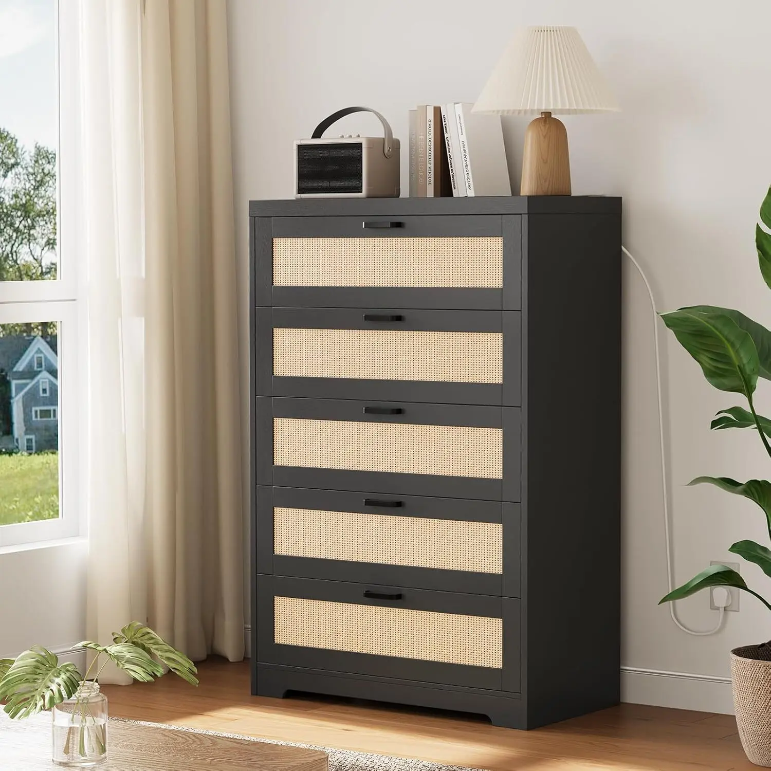 5 Drawer Rattan Dresser for Bedroom, 47.27” Tall Dresser with Power Outlets, Wood Dresser Chest of Drawers with Metal Handles for Living Room Closet Hallway Entryway, Black