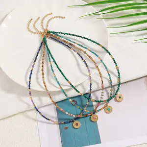 European and American Retro Colorful Malachite Beaded Collarbone Chain Fashion Personality Trendy Round Titanium Steel Pendant Short Necklace