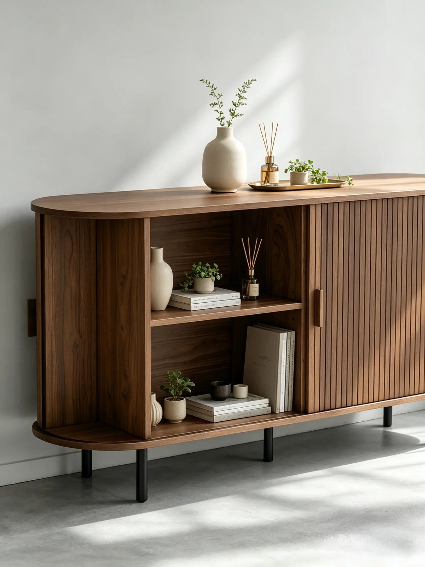 Mid-Century Modern Wooden Storage Sideboard with Sliding Fluted Doors, 40/55/63 Inch Multi-Size Buffet Cabinet, Corner Coffee Bar Cabinet Featuring Adjustable Inner Shelves, Decor Console Table for Kitchen, Entryway and Living Room