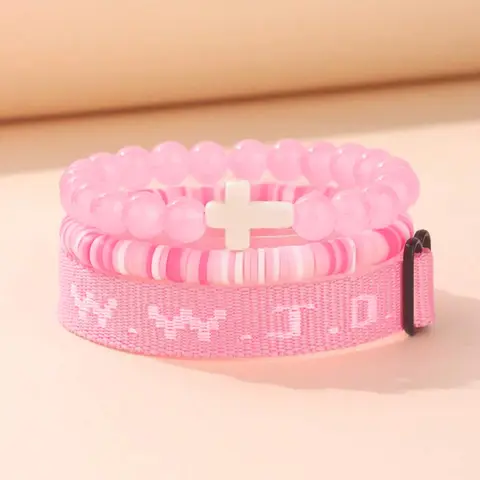 【Black Friday】WWJD 3-Piece Bracelet Set, Beaded Bracelets with Cross Charm and Adjustable Religious Wristband, Birthday Gift