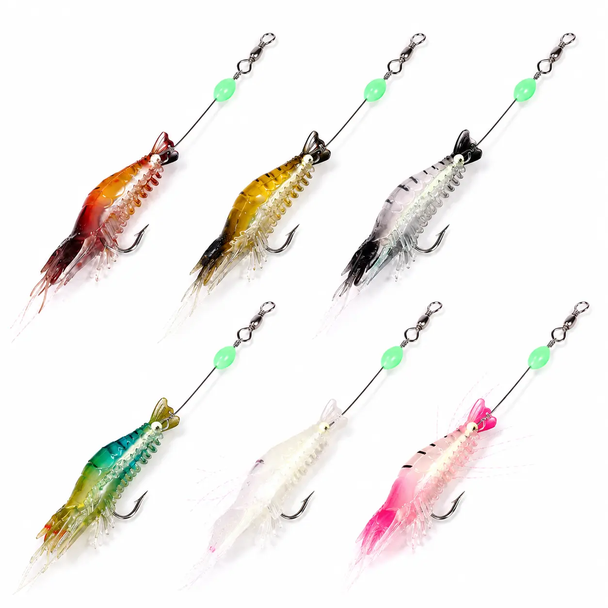 6PCS Luminous Soft Shrimp Fishing Lures with 3D Eyes & Pre-Rigged Hooks, Realistic Silicone Shrimp Bait Set for Freshwater and Saltwater Bass, Trout, Salmon, Walleye, Pike & Perch, 6 Pcs, Assorted, 3.15 In, 5.3 G