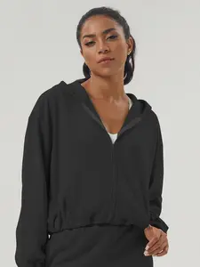 Women's Solid Zip Up Hooded Jacket, Sporty Casual Drawstring Hem Pocket Drop Shoulder Long Sleeve Outerwear Coats, Ladies Sportswear for Indoor Outdoor Wear