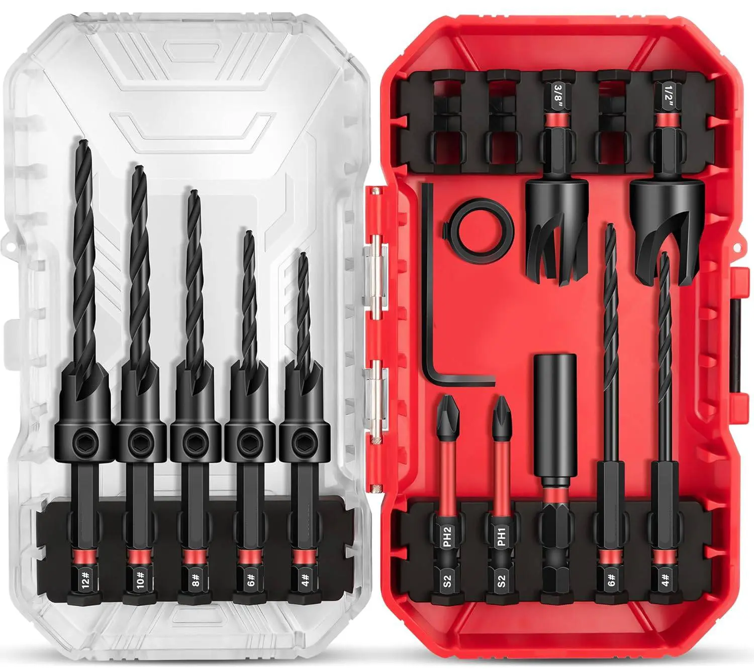 GJAHSH 15PCS Woodworking Countersink Bit Set - Tapered Drill Bits with Wood Plug Cutters for Perfect Screw Finish, 1/4" Hex Shank Quick Change Pre-drilling Set with Organizer Box