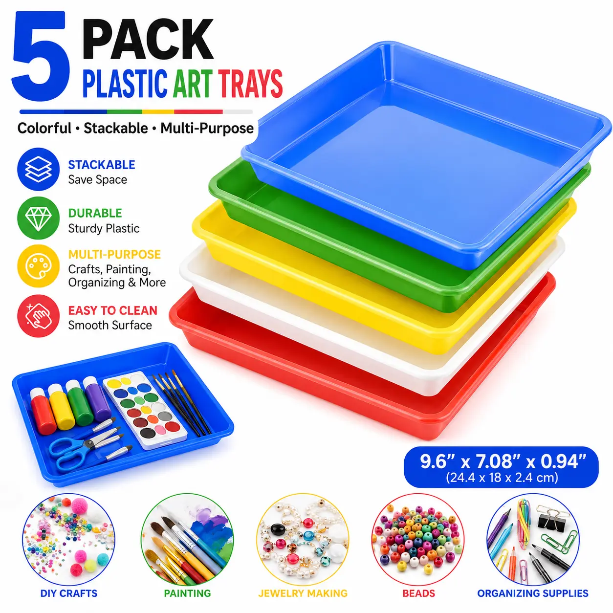 5-Piece Sturdy Plastic Square Art Trays - Candy Colors, Stackable Storage Bin, Colorful Painting Storage, Plastic Craft Organizers, Deep Volume, Paint & Serving Use (9.6x7.08x0.94in)