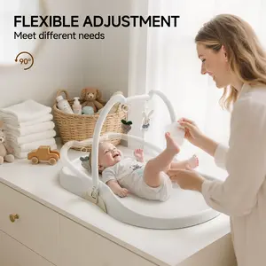 BabyBond Waterproof Baby Changing Pad Nursery-Style Contoured with Wipe-Clean PU Surface,  Rasied edges, Non-Skid Base, Built-in Safety Belt, Detachable Toy Bar (Rabbit & Carrot Toys) - Light Coconut Beige, Ideal Christmas Gifts for New Parents