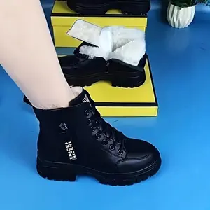 Warm Fleece-Lined Black Ankle Boots For Women - Winter 2024 Collection, Flat Non-Slip Sole, Comfortable Lace-Up Short Boots With Round Toe And Side Zipper, Ideal For Casual Wear