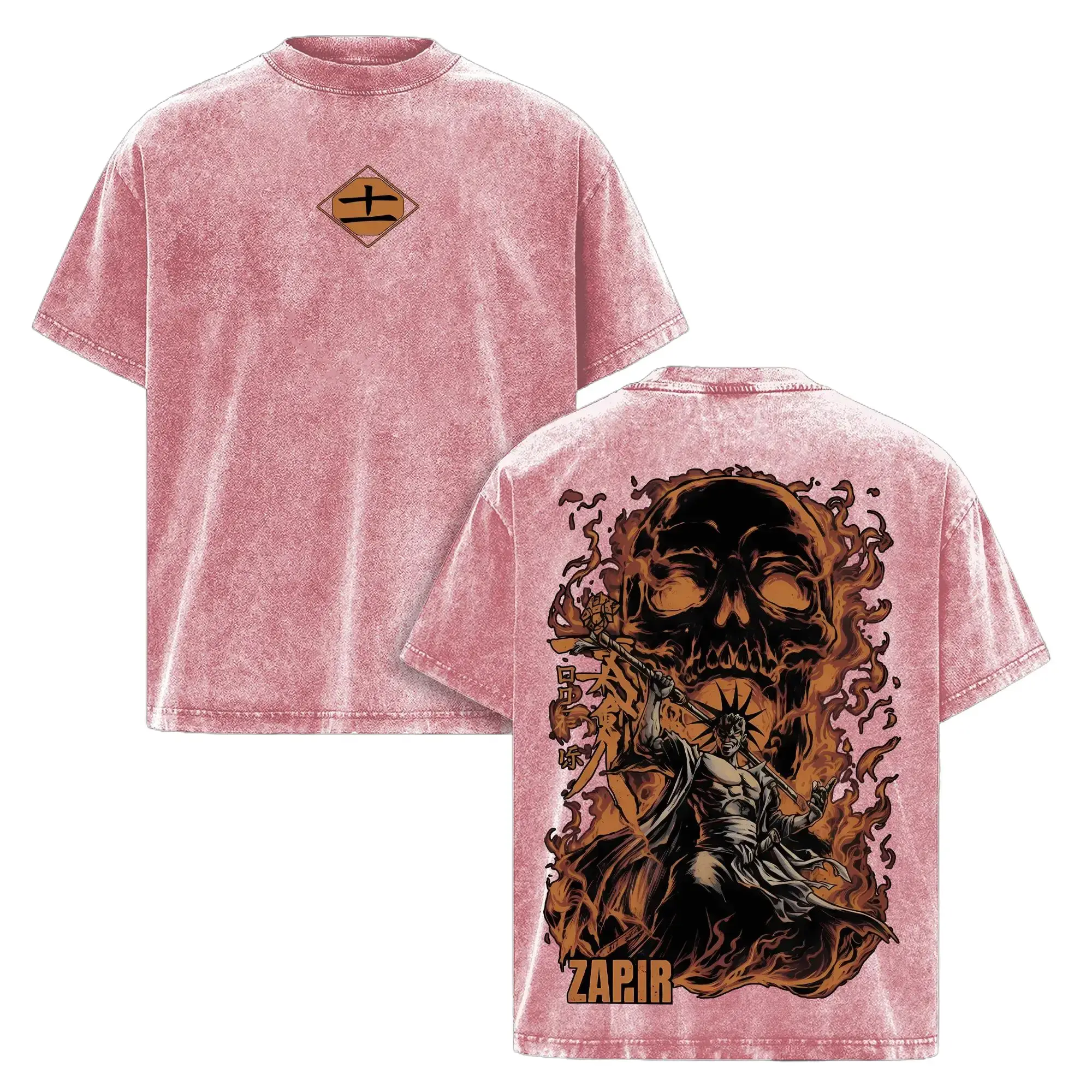 Men's Vintage Washed Heavy Cotton Crew Neck Loose-Fit Short-Sleeve Bleach Graphic Tee, Oversized Kenpachi Zaraki Dark Samurai Flame Skull Top, Gothic Streetwear Normal Type Menswear, Machine Washable