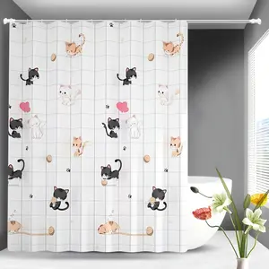 Cute Cat-Print Decorative Shower Curtain — Premium Extra-Thick, Waterproof Bathroom Partition Curtain (Includes 12/24 Hooks)