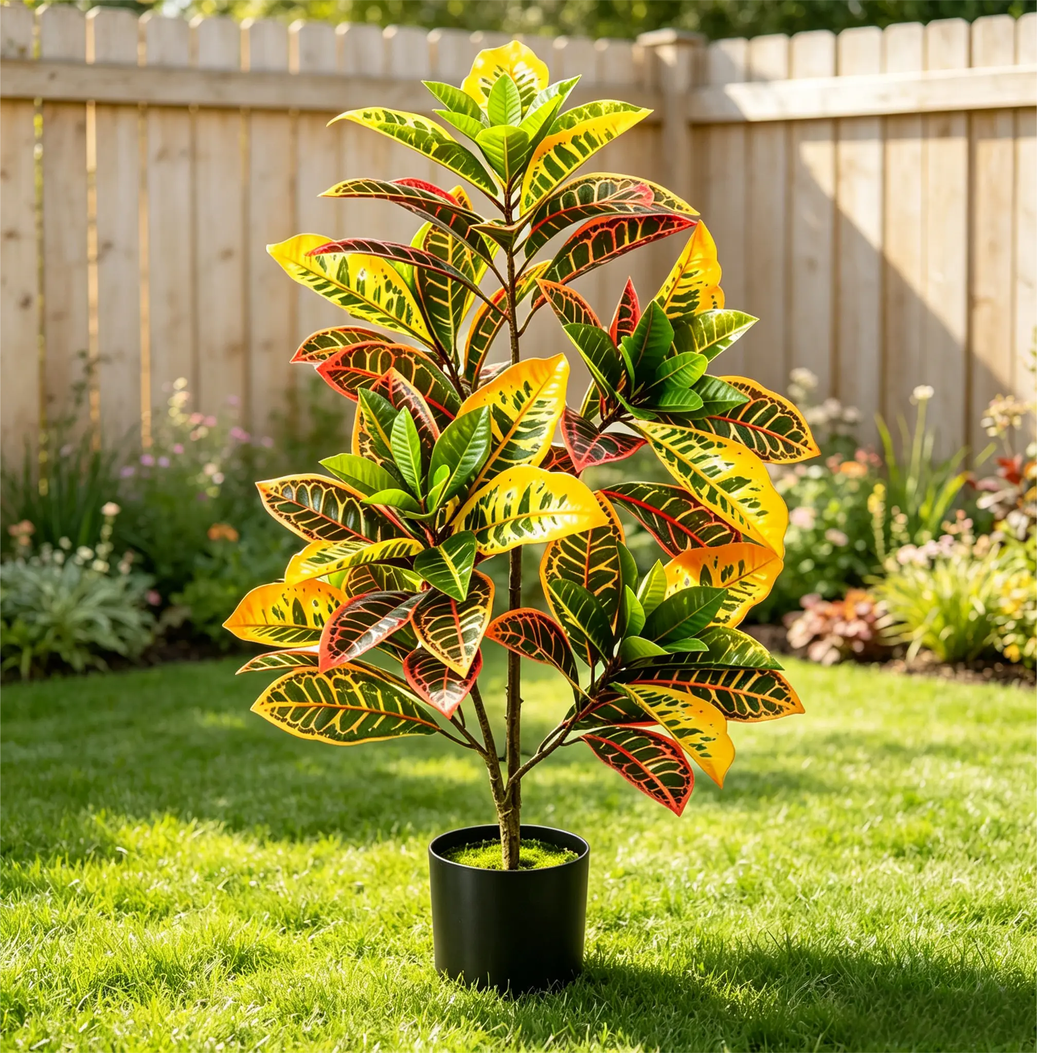 Artificial Croton Tree 35 Inch, UV-Resistant Potted Faux Plant with Variegated Leaves, Low Maintenance Fake Tree for Indoor Outdoor Home Office Living Room Patio Decor, Artificial Plants for Garden, Faux Trees for Entryway