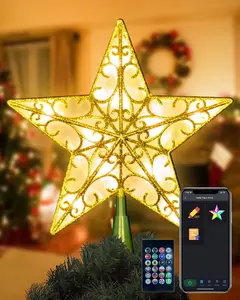 9 Inch 3D Gold Tree Star with Plug-in LED Lights, Christmas Star Tree Topper with Smart APP Control, DIY, Music, Timer, Christmas Tree Topper for Indoor New Year Holiday Decoration