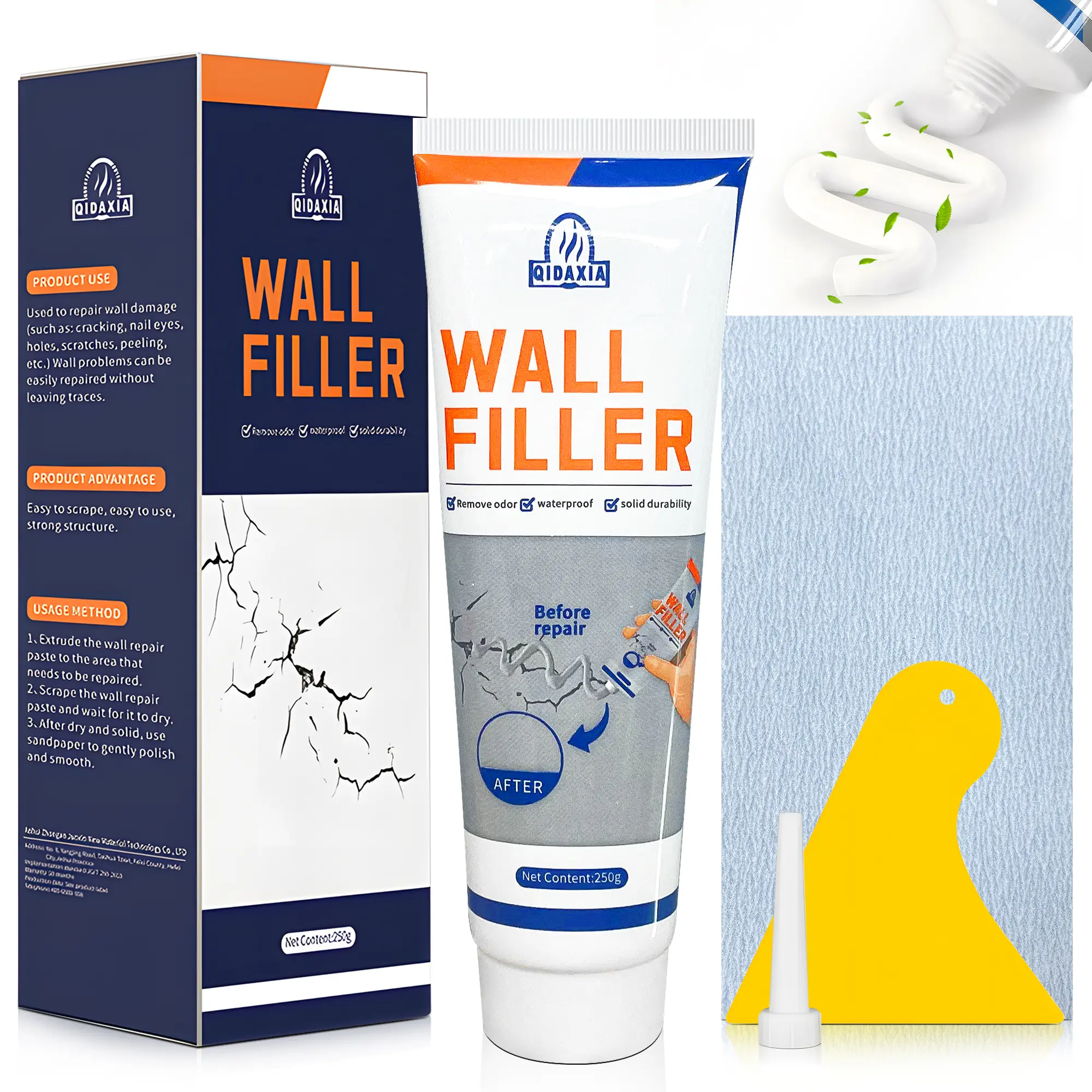 Drywall Repair Kit - 250g Quick-Dry Wall Mending Agent, Heavy-Duty Waterproof Hole & Crack Filler, Formaldehyde-Free Invisible Spackle Paste with Scraper & Sanding Tools for Streak-Free DIY Wall Patching