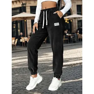 Women's Spring/Fall Corduroy Activewear Pants Solid Color with Drawstring and Pockets Soft Comfortable Fabric for Daily Casual Wear Spring/Fall Women's Cuffed Pants Elastic Waistband with Drawstring Solid Color Casual Pants