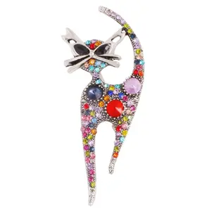 Vibrant Rainbow Cat Brooch Multi-Color Crystal Silver Accents Jewelry Women Perfect for Adding Lively Dazzling Charm To Outfits