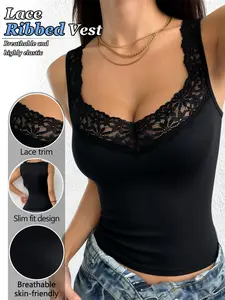 Women's breathable lace ribbed vest, a versatile and essential casual sleeveless top for everyday wear!
