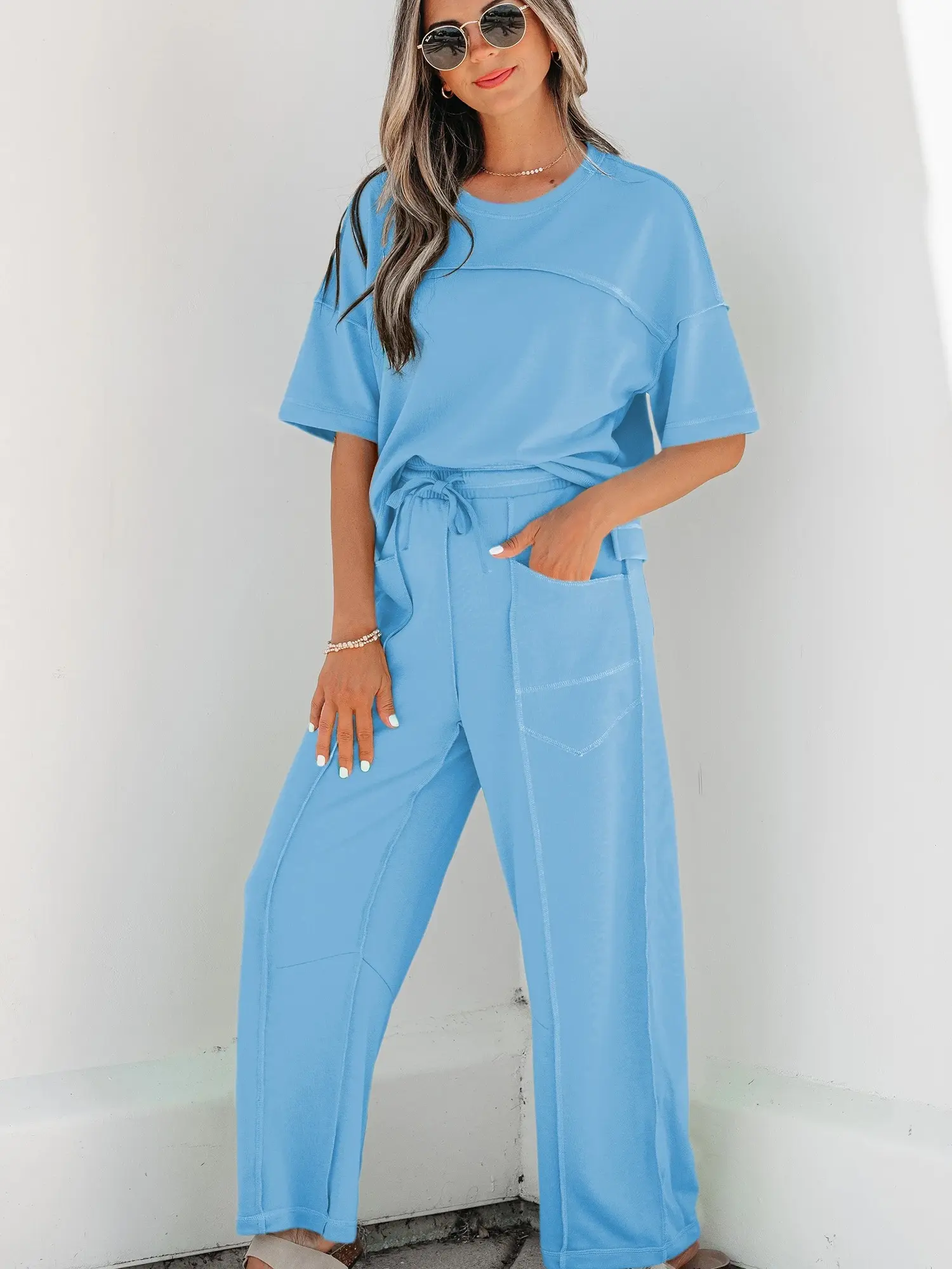 Women's 2-Piece Comfy Pants Pajama Set - Oversized Drop-Shoulder T-Shirt & Wide-Leg Barrel Pants for Summer Loungewear, Nightwear (Women's Matching Sets), Basic, Pyjamas, Casual Homewear