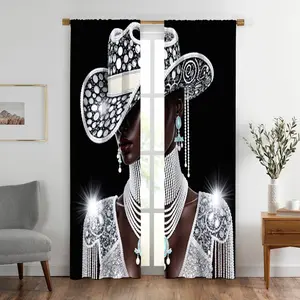2D Flat 2 Pcs Curtain Set, Black Background With Bright Light Flare Pattern, Silver Sequined & Beaded Design, Spiral Brim & Cutout Hat Inspired, Dark Skin Woman Gemstone Decor Aesthetic, Fringe Details & Layered Necklaces Tassel Style
