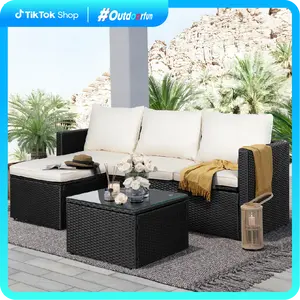 Walsunny Patio Furniture Set - 5 Piece Outdoor Sectional Wicker Patio Furniture with Glass Table and Cushions, All-Weather Wicker Rattan, Beige