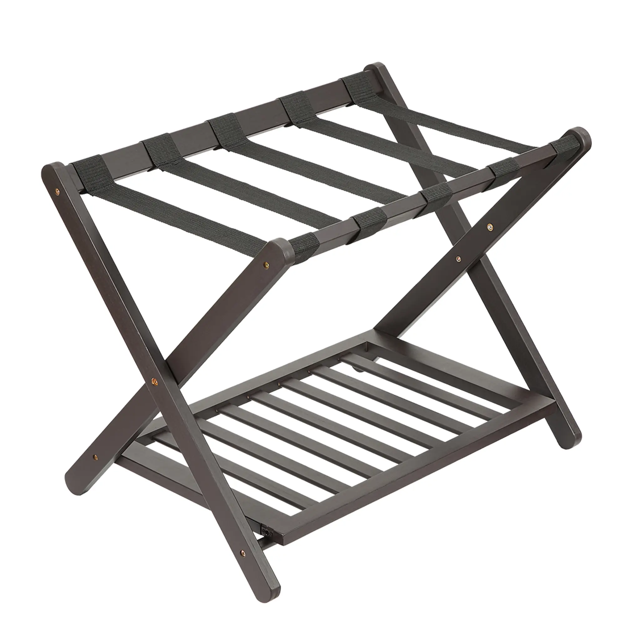 Bamboo Luggage Rack Set of 1/2, Folding Suitcase Stand with Storage Shelf & 5 Durable Nylon Straps,Space-Saving Suitcase Stand for Bedroom, Guest Room, Hotel